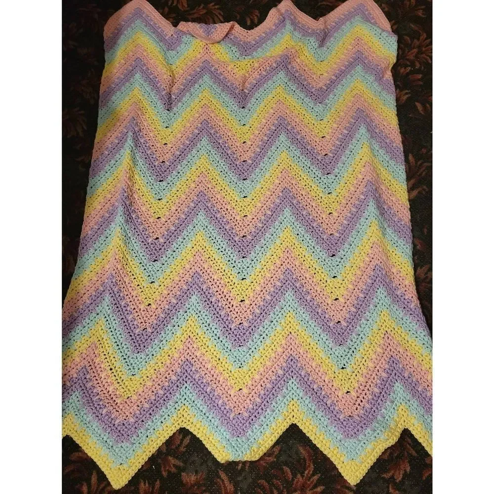 Afghan Handmade Crochet Throw‎ Blanket multi colors 60x42in Heavy Nice